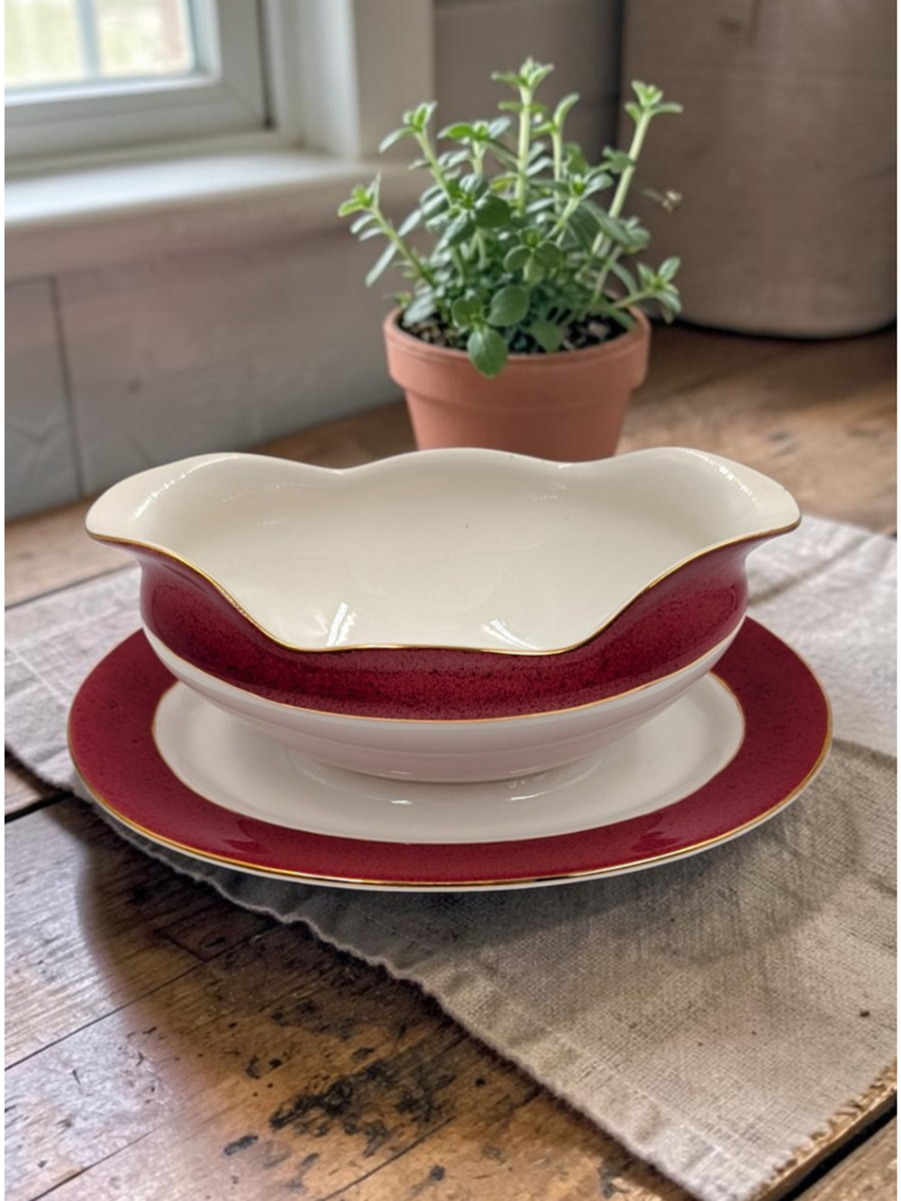 Nikko Rivera Red Gravy Boat Attached Underplate Double Phoenix Ironstone Japan